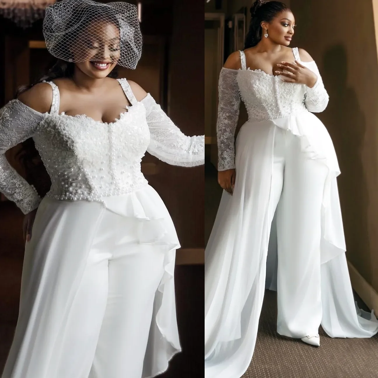 Customized Spaghetti Strap  Sparkly Lace Pearls Africa Wedding Dress Robe De Mariée Plus Size Long Sleeves Jumpsuit  Bridal Gown