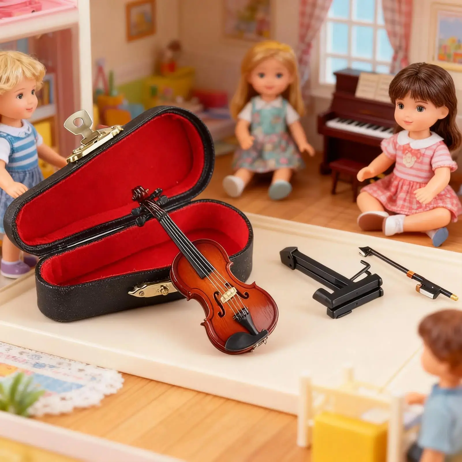 5 Inch Tiny Violin with Sound Mini Musical Instrument Dollhouse Decor for Desk Bedside Bookcase Children Bookshelf Collectors