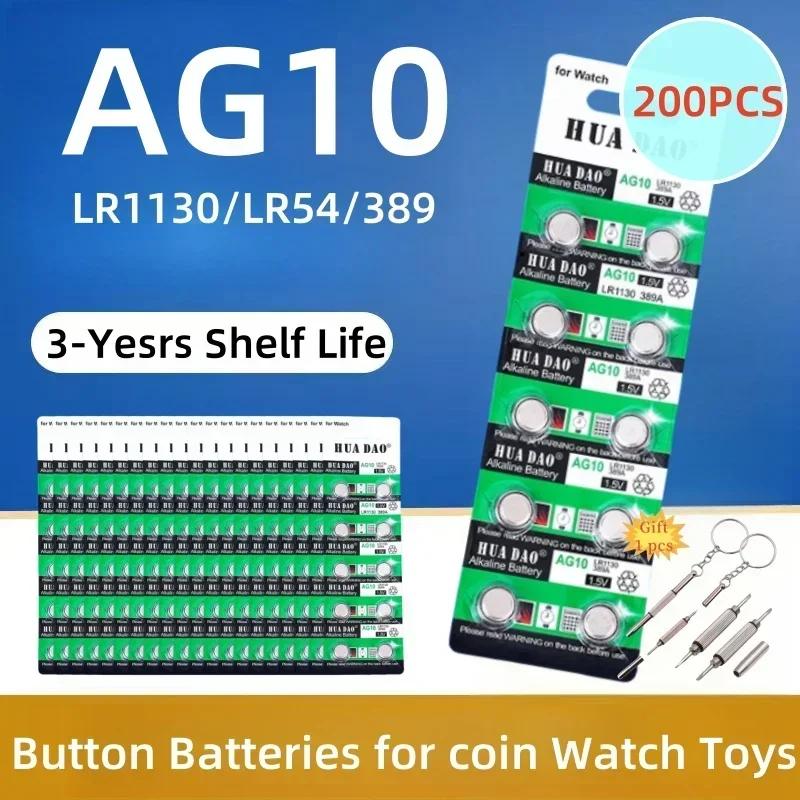 

New200PCS AG10 1.55V LR1130 Button Batteries 389A 198 LR54 189 LR54 Cell Coin Alkaline Battery SR54 389 189 for Watch Computers