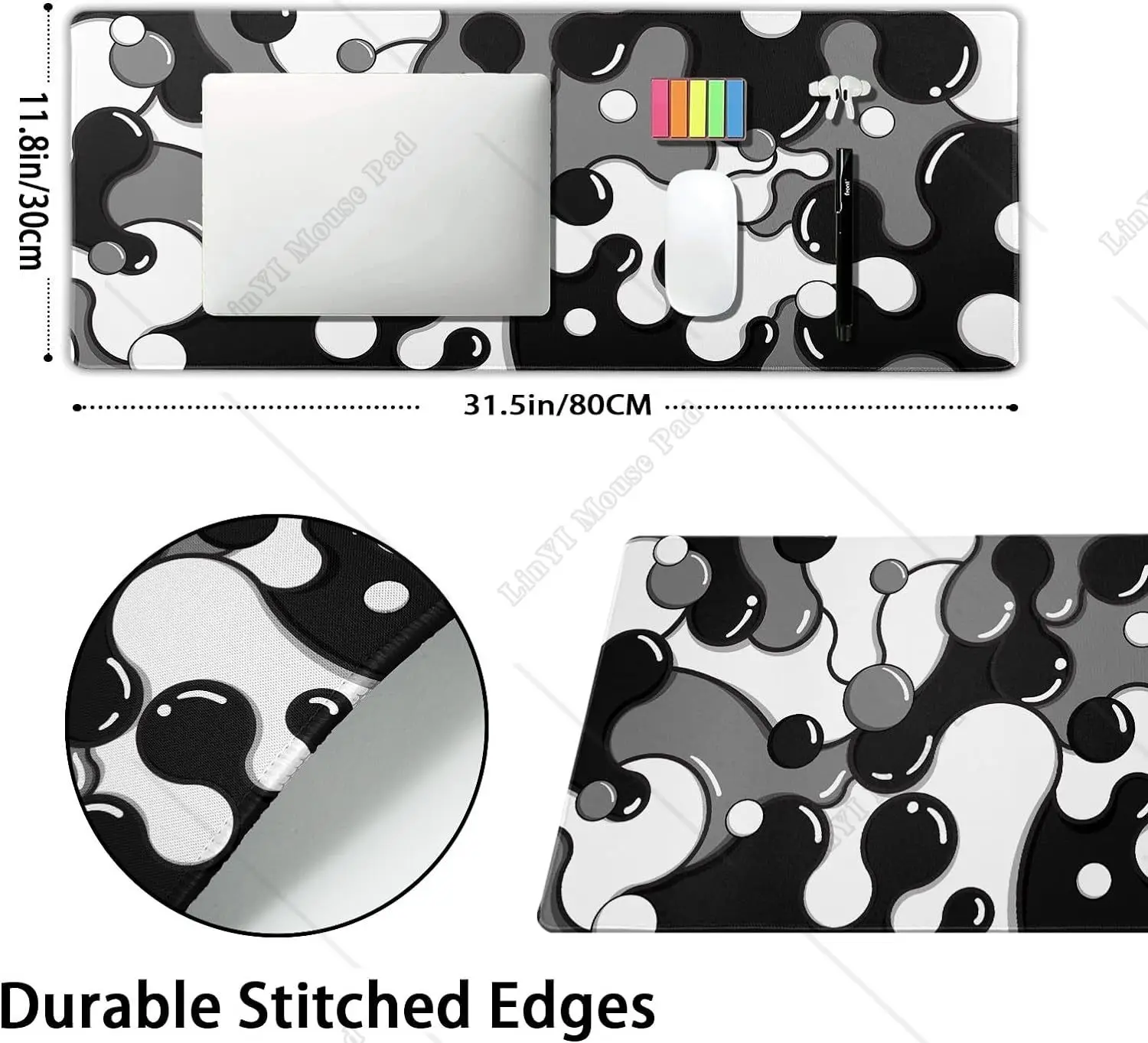 Mouse Pad Geométrico Antiderrapante, Base de Borracha, Borda Costurada, Tapete de Mesa, Desktop Gaming, Preto, Branco, Cinza, XL, 31,5 × 11,8 polegadas