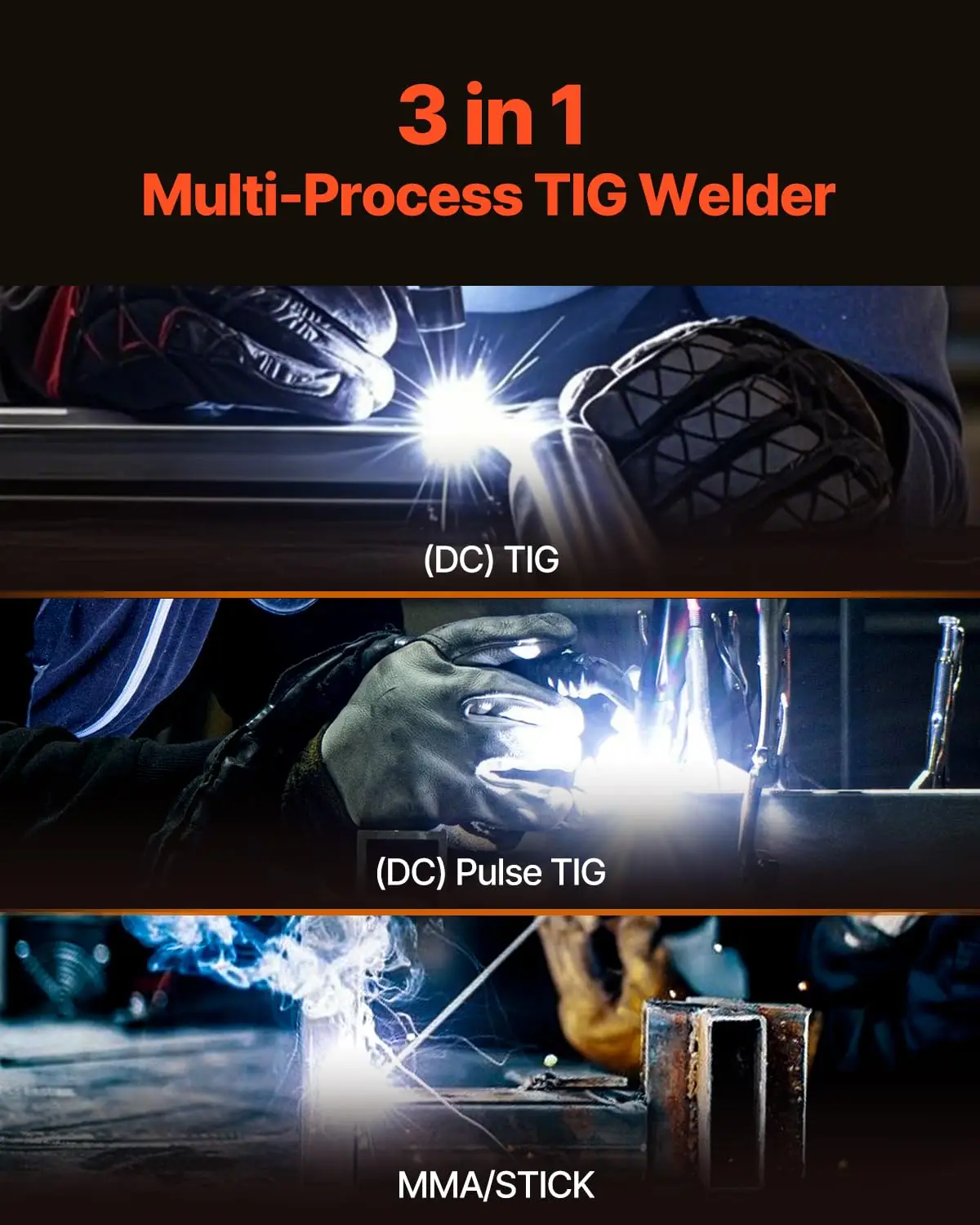 VEVOR TIG Welder, 205A 3-In-1 Welding Machine (Large LED Display)- DC TIG/DC Pulse TIG/MMA(Stick), 110&220V Dual