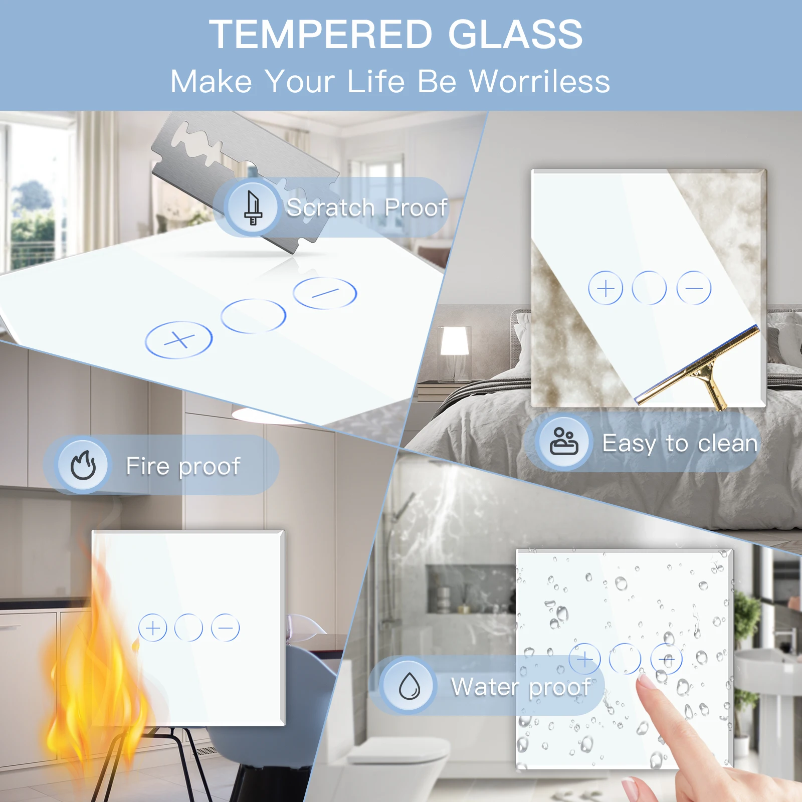 BSEED 1Gang Touch Dimmer Switch 1Way LED Dimmable Switch Wall Sensor Switch Blue Backlight Glass Panel EU Standard 10A