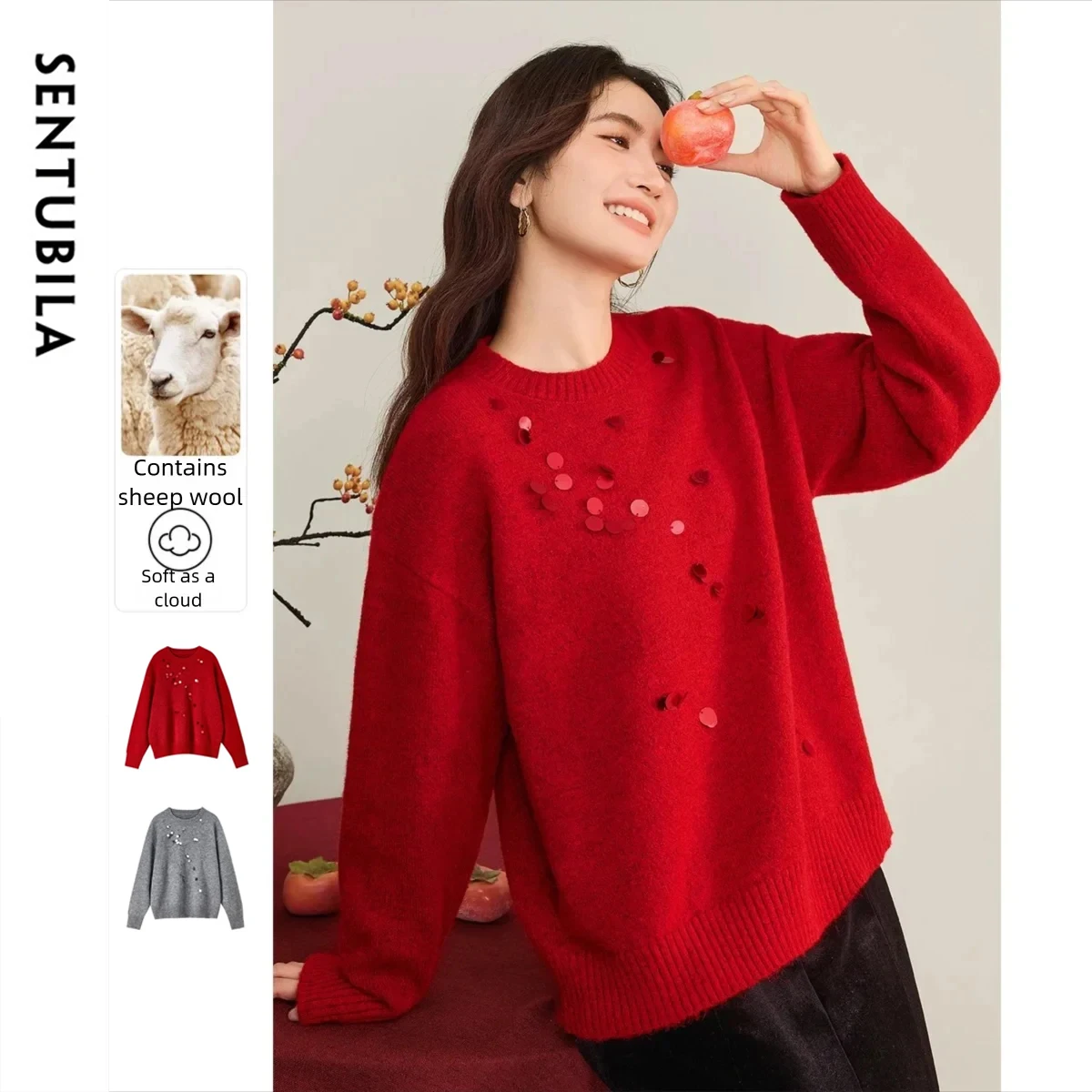

SENTUBILA New Year Red Sweater for women 2025 Knitwear Long Sleeve Pullover Jumper with Sequins Knitted Top for Woman W54EE3142
