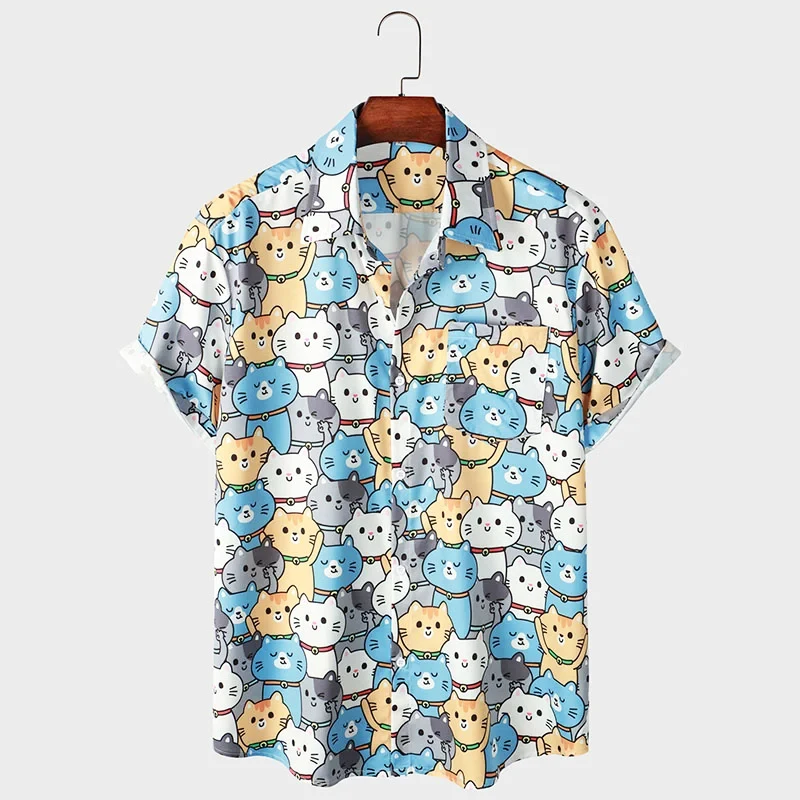 Men\'s Shirt For Men Cute 3d Cartoon Cat Print  Cool Summer Short Sleeve Button Loose Hawaiian Shirt Holiday Beach Shirt Clothing