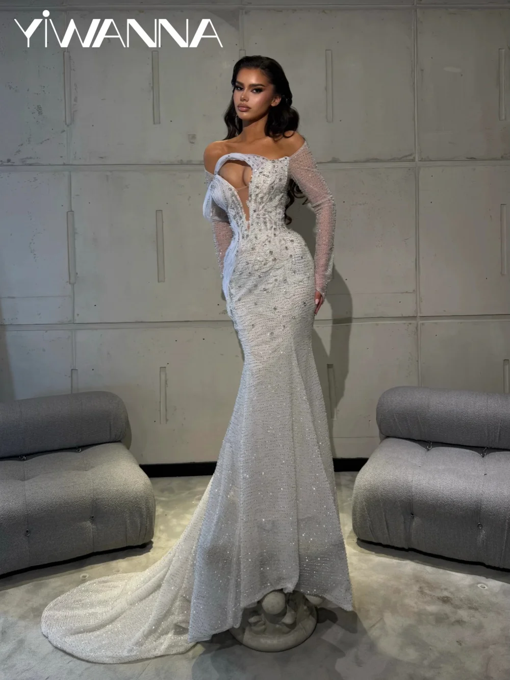 

Glamorous Silver Crystal Mermaid Long Wedding Dress Stunning Off Shoulder Bridal Gown Customized Exquisite Dresses For Bride
