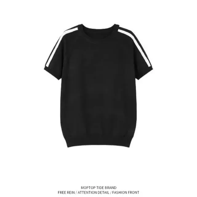 

Summer New Fashionable Knitted Sporty Short Sleeve round Neck Men's T-Shirt Casual Style Black White Stripes Slim Fit Top