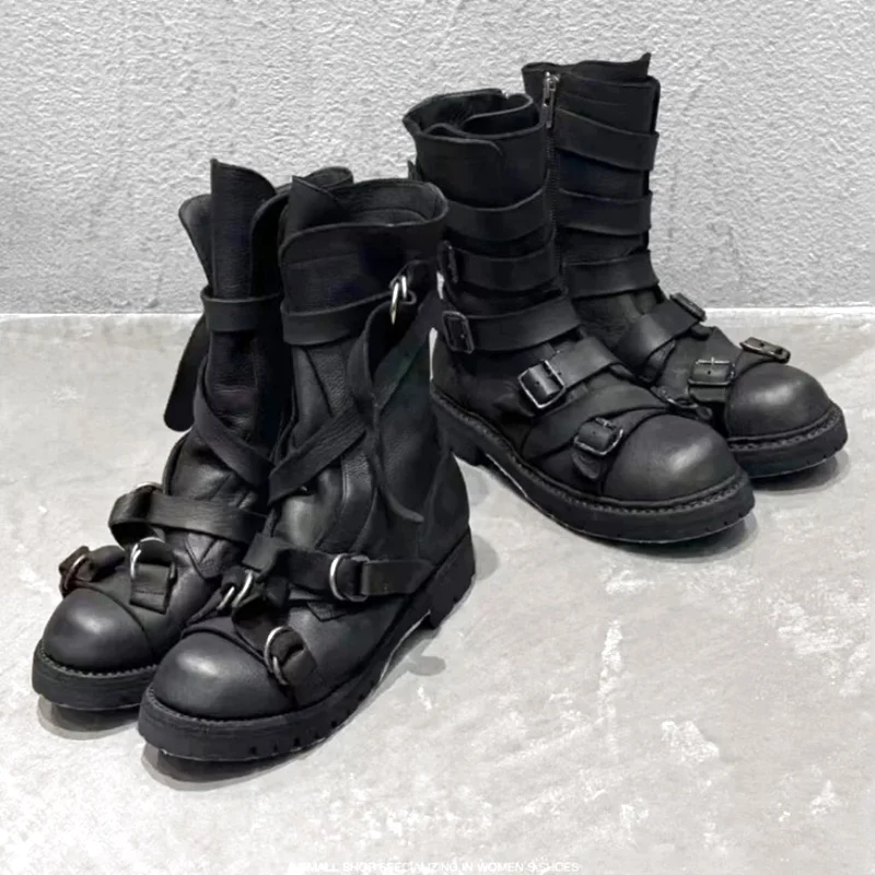 Black Leather Multi-Belt Buckles Men's Boots High-top Punk Motorcycle Boots Handmade Workwear Boots Distressed Knight Boot