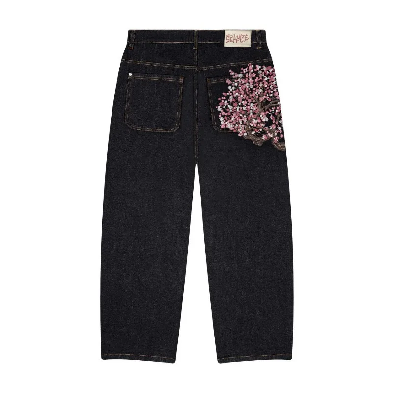 

Casual Sakura Embroidery Loose Straight Leg Denim Jeans Derschutze Blossom V2 mid Waist Zipper Fly Youth Faion