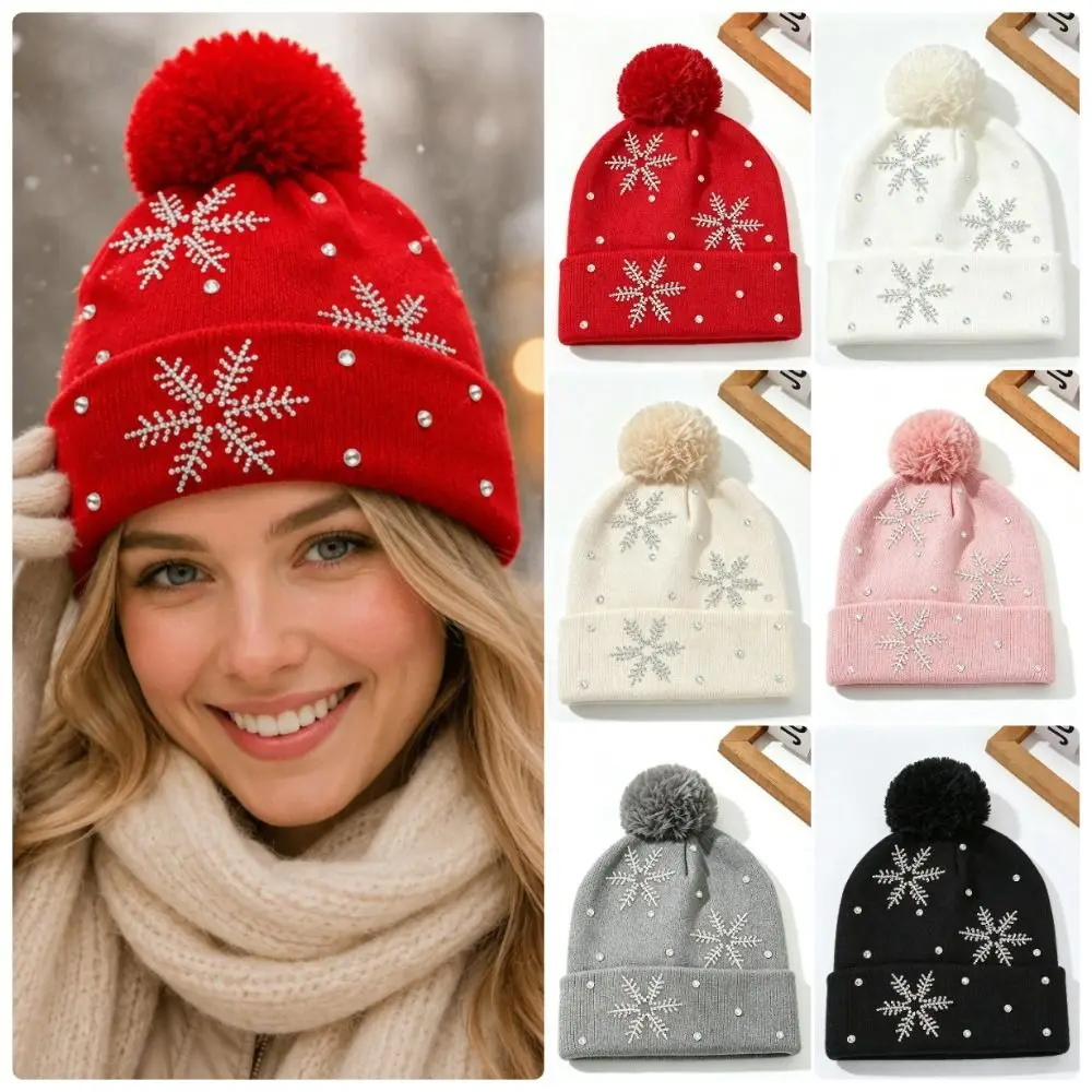 Fashion Thickened Knitted Hat Snowflake Rhinestone Keep Warm Beanie Hat Elastic Pullover Hat Women
