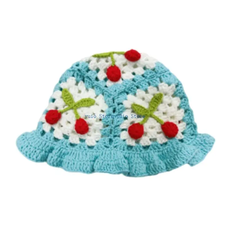 X7XB Stylish Acrylic Knitted Hat Cherry Detailing Unisex Design Foldable For Travel Compact Storage