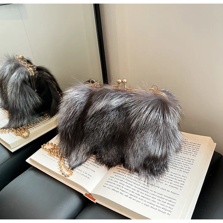 الشتاء الساخن بيع موضة الاتجاه حقيبة صغيرة الثعلب الشعر حقيبة نسائية الراقية الملمس مصمم حقيبة عشاء فاخرة سلسلة حقيبة كتف #6