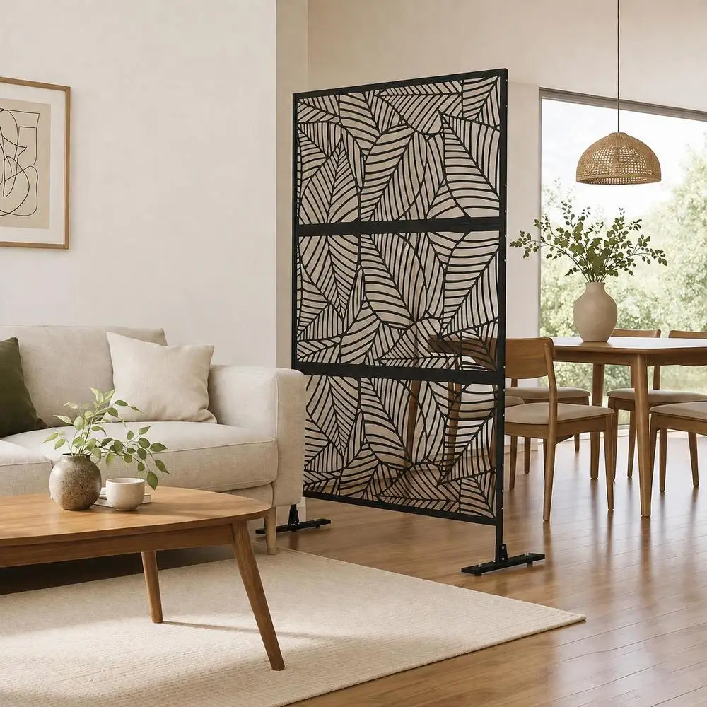 Panneau Brise-Vue Décoratif Extérieur Noir avec Motif Floral et Métal - 122 x 45 x 198 cm, Noir Parfait pour Séparation de Salon, Chambre, Studio, Appartement et Espace Vestiaire