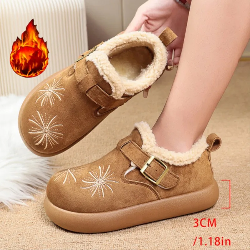 2026 Winter Plush Warm Snow Boots Cotton Shoes Girls Retro Embroidery Casual Thick Bottom Warm Fury Cotton Shoes Size 35-40