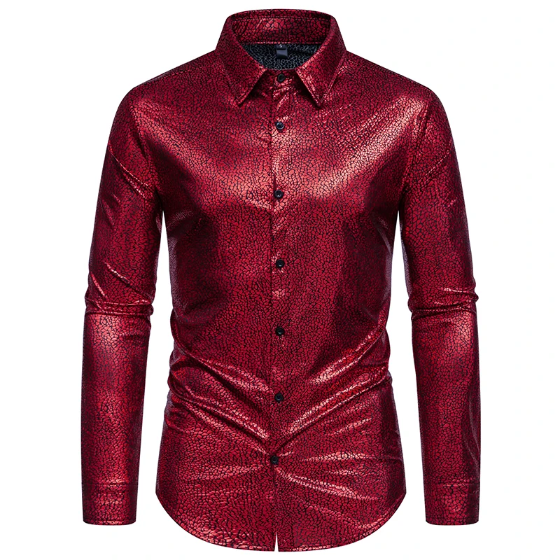 Spring Men's Luxury Long Sleeve Shirts Fashion Stylish Stone Pattern Hot Stamping Shirt Men Stage Costume Banquet Nightclub