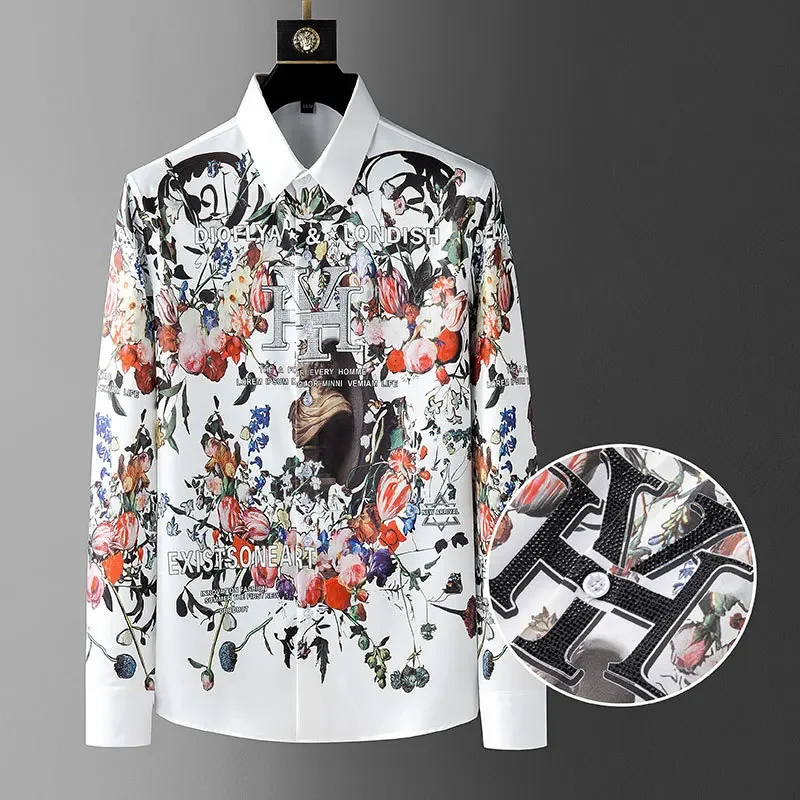 

European Abstract Art Flowers Rhinestone Shirt For Men Long Sleeve Casual Business Dress Shirt Social Party Tuxedo Chemise Homme