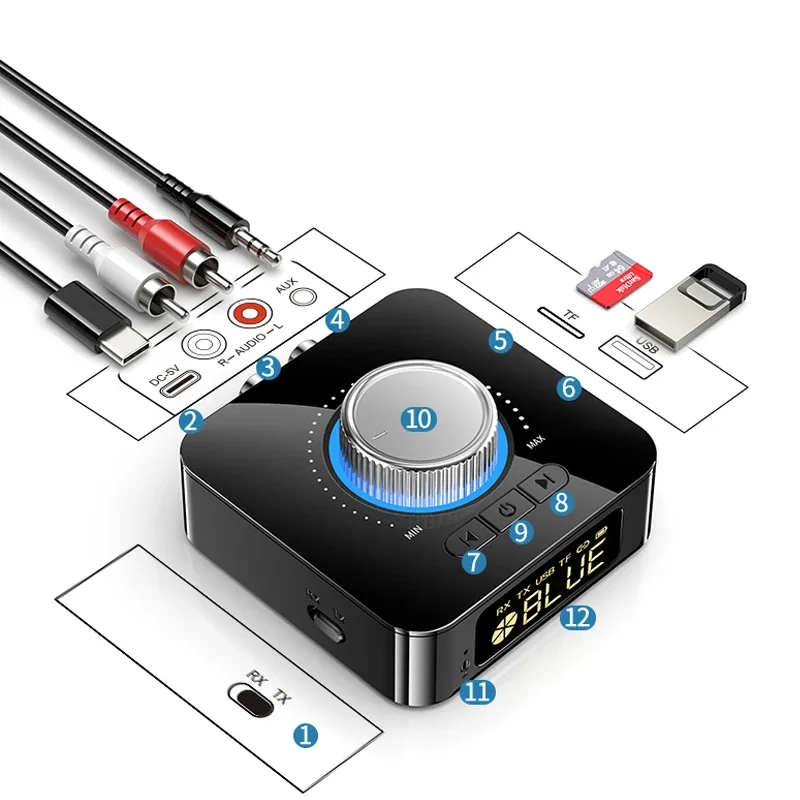 

Bluetooth Receiver Transmitter LED BT 5.0 Stereo AUX 3.5mm Jack RCA Handsfree Call TF U-Disk TV Car Wireless Audio Adapter