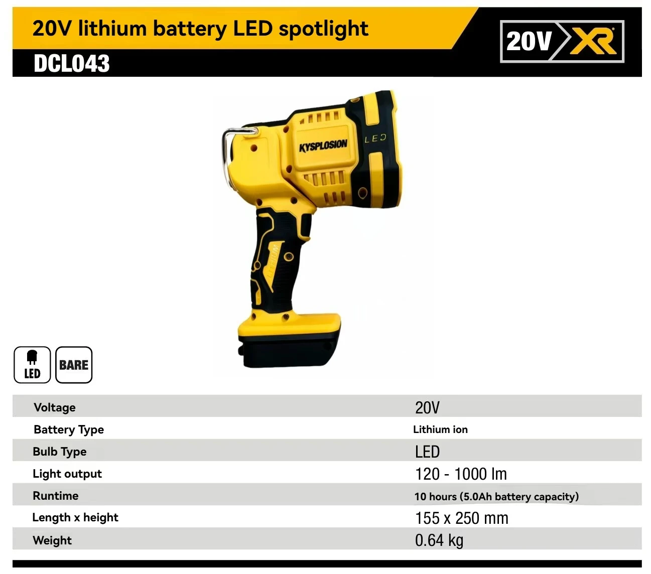 Angle réglable de lumière de secours LED haute luminosité, convient à la batterie DEWALT 20V, lampe de poche pour le camping, la réparation de voiture et les pannes de courant
