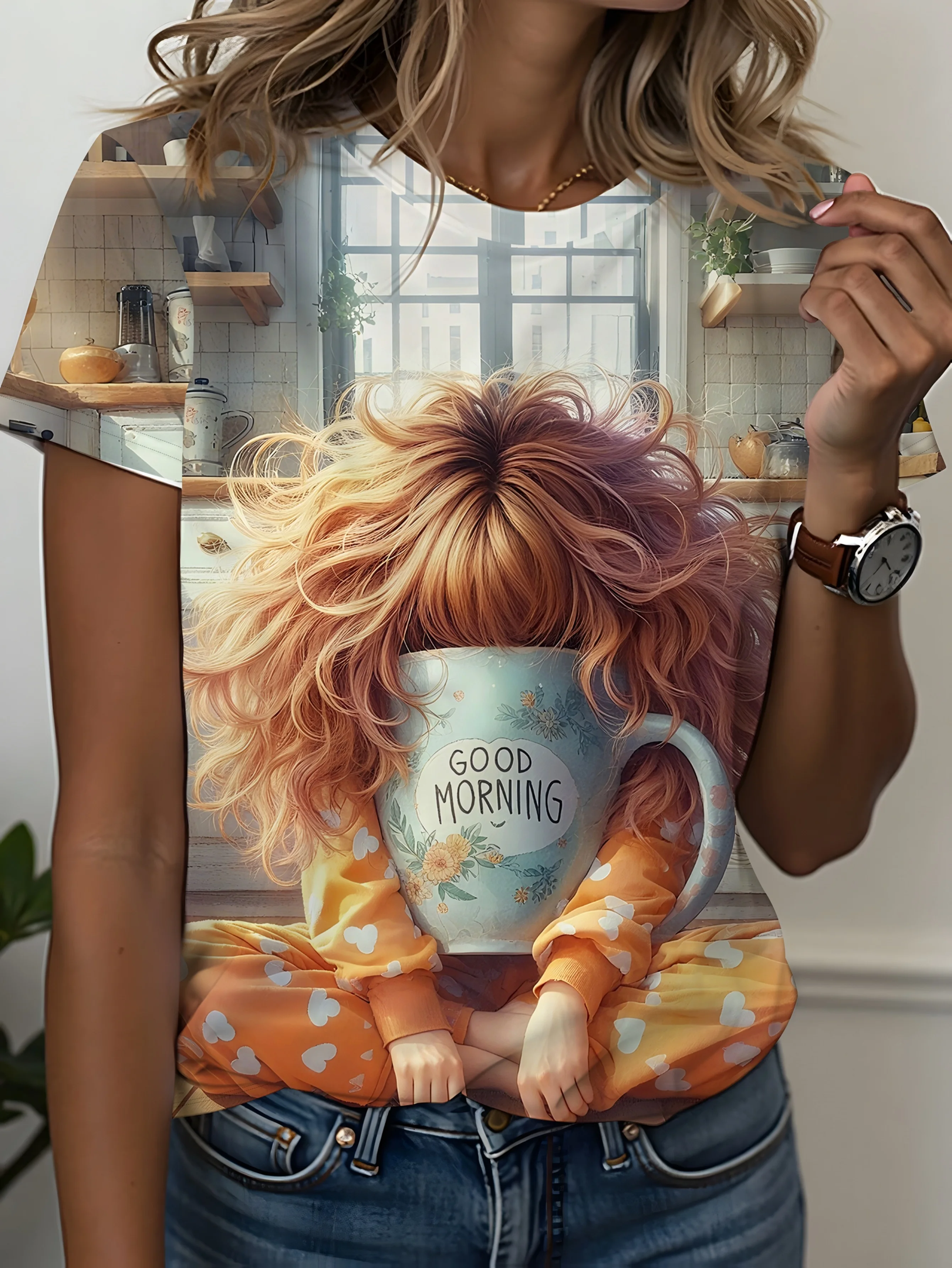 Women T‑Shirt Funny Good Morning Girl Coffee Cup Kitchen Scene Art Print Short Sleeve Crew Neck Casual Summer Tops