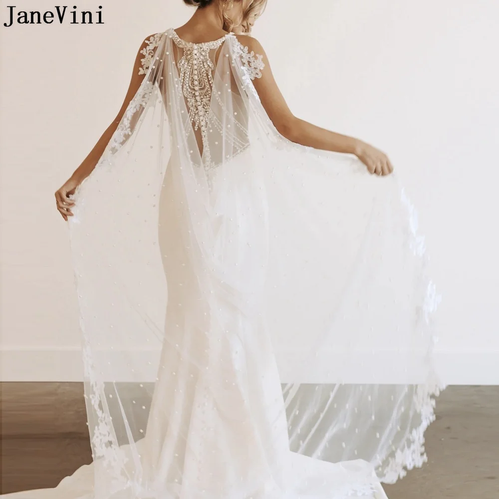 JaneVini – Cape de mariée pour robe de mariée, 3 mètres de Long, enveloppes, perles blanches/ivoire, bord en dentelle, châle boléro en Tulle avec broche