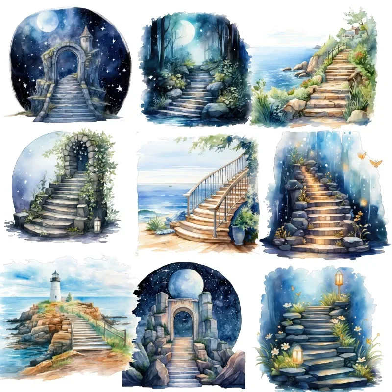 16pcs Dreamy Night by the Sea, the Moon Stairway Stickers Funny Decoration DIY Scrapbooking Journal Phone Diary Album Planner