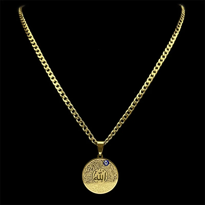 Islamic Muslim Quran Blue Evil Eye Amulet Pendant Necklace for Men Women Stainless Steel Gold Color Turkish Eye Arabic Jewelry