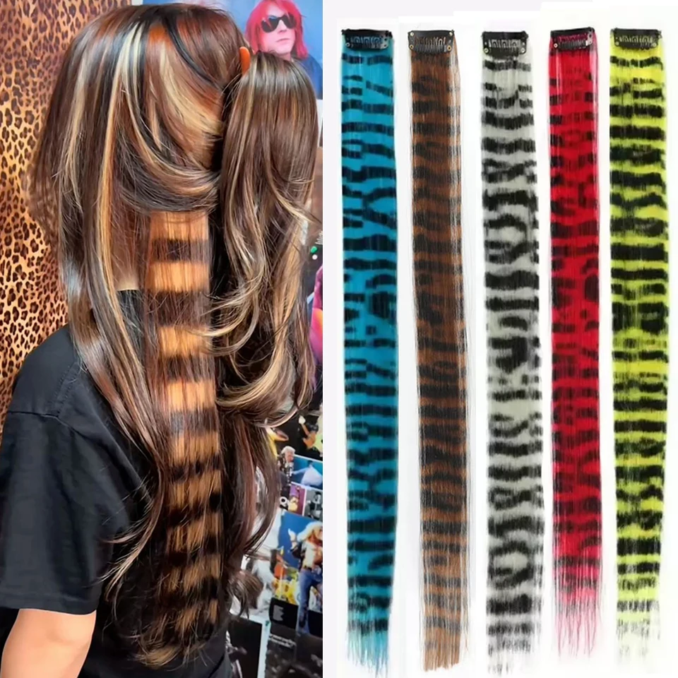 Extensiones de cabello con clip de rayas de colores, sintéticas con reflejos, 18 pulgadas, postizos lisos para uso diario y fiestas