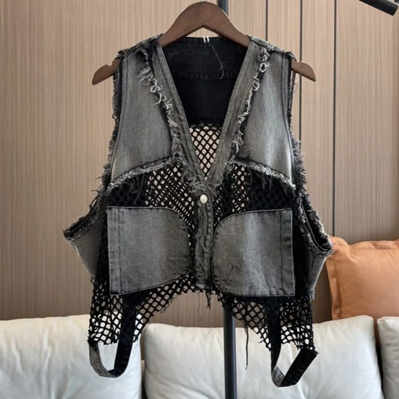 

Y2k Fashion Street Denim Vest Coat Women Mesh Patchwork Washed Vintage Tank Top 2025 Summer New Sleeveless Loose Jackets