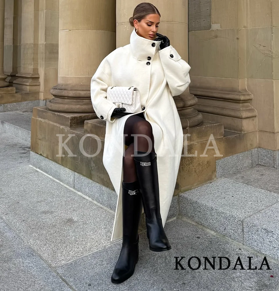 Kondala na moda gola alta casaco longo feminino high street elegante bege misturado casaco 2026 outono inverno moda comute casaco longo