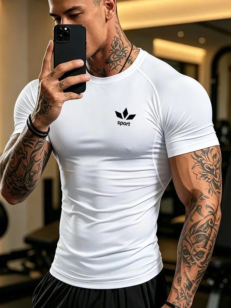 Men's fashionable tight fitting shirt, swimming diving suit, quick drying short sleeved gym fitness training sports top