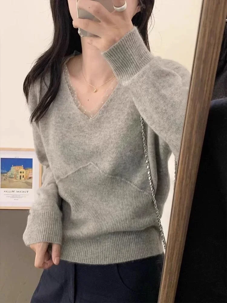 Maglione di lana lavorato a maglia da donna allentato V-Ne Lace Trim Faionable Base dimagrante irt Innerwear Trendy Long Sve Top