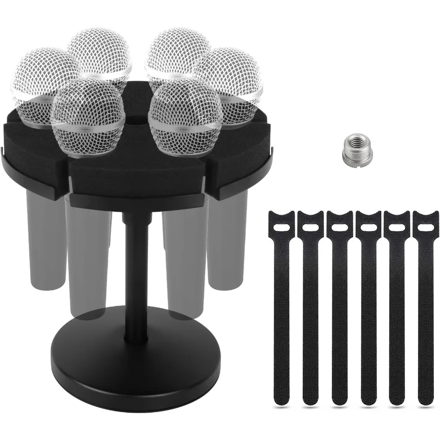 

Multi Microphone Holder Wired and Wireless Mic Holder for Stand Hold Up to 6 Microphones Aluminum Black with stand Desk
