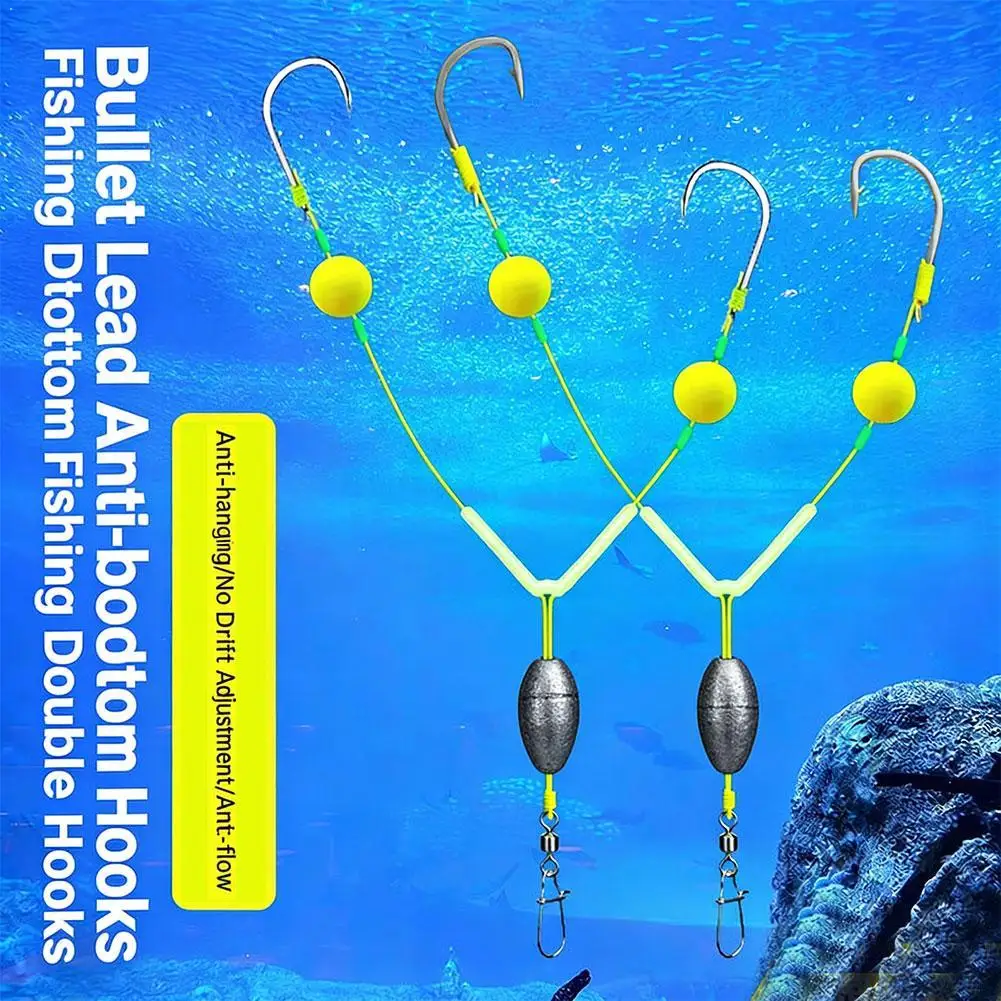 Reverse Off-Bottom Double Hook Rig, Anti-Snag Fishing Line Set, Weedless Drop Shot Rig for Carp Bass, Stone Silt Bypass Tackle