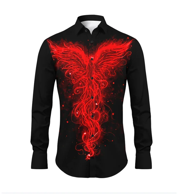 Men's Button Lapel Phoenix Flame Shirt Fashionable Casual Geometric Outdoor Party Soft and Comfortable 2024 New Plus Size