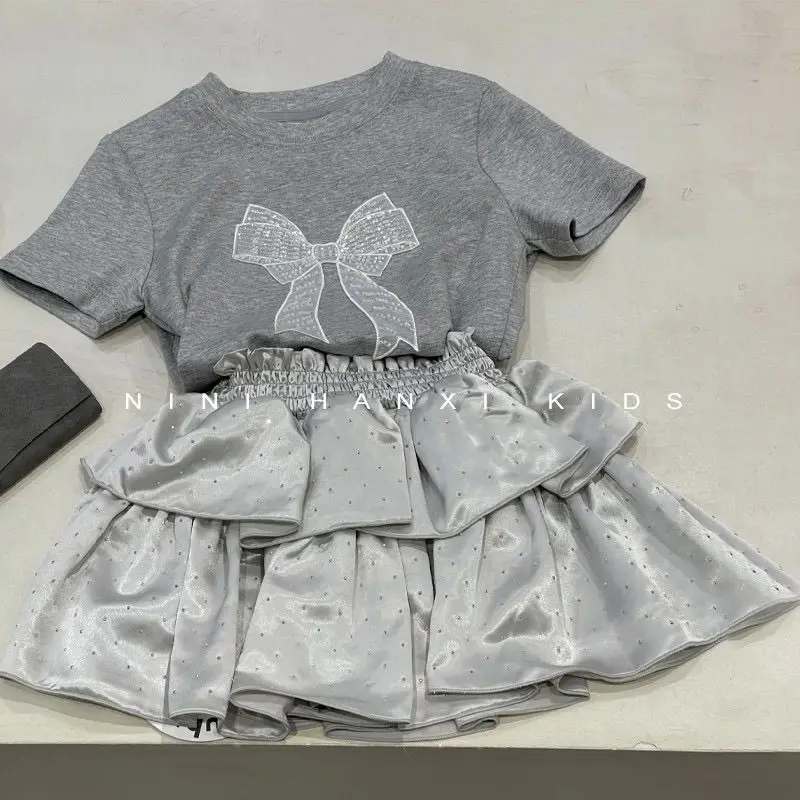 

Новые летние модные комплекты для маленьких девочек-подростков, топ с героями мультфильмов + юбки, милые костюмы принцессы, От 3 до 12 лет