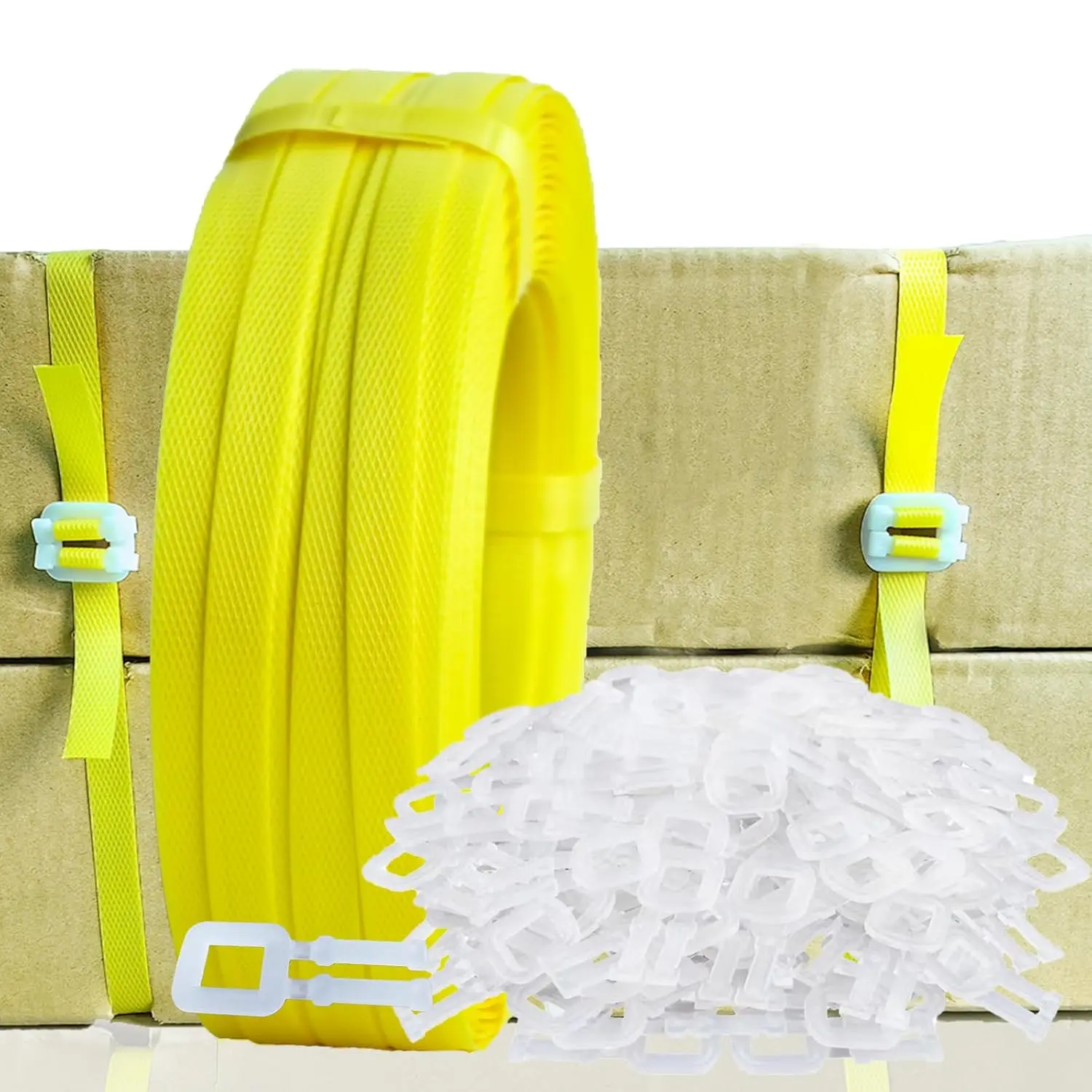 

Professional Packaging Strapping Kit with 5900" Poly Strapping & 100 Buckles - Secure Tool for Plastic Banding