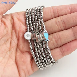 MHS.SUN Handmade Stainless Steel Beads Elastic Bracelets Heart/Cross/Eye Charm Bracelet for Women Men Waterproof Jewelry