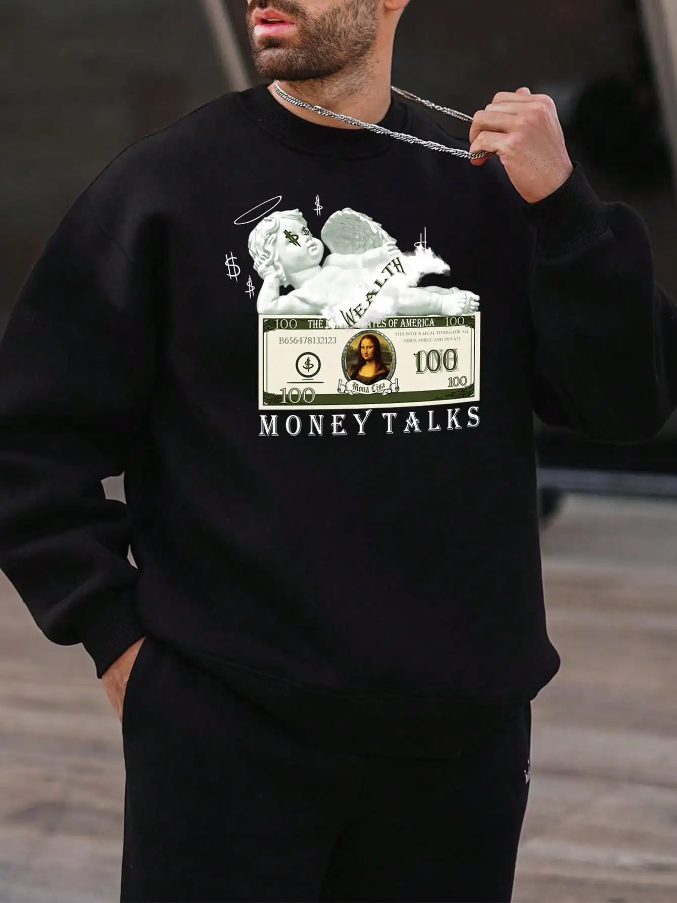 

Angel Money Talks Oil Painting Character Banknotes Printed Male Hoody Casual New Hoodie Street Style Fleece Mens Sweatshirts