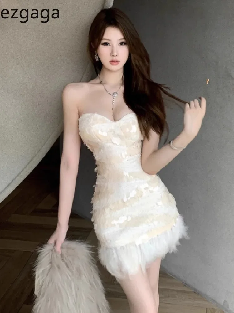 

Ezgaga Women Dresses Furry Patchwork Sequins Strapless Slim Backless Sexy Elegant Mini Dress Party Bandage Clubwear Sweet