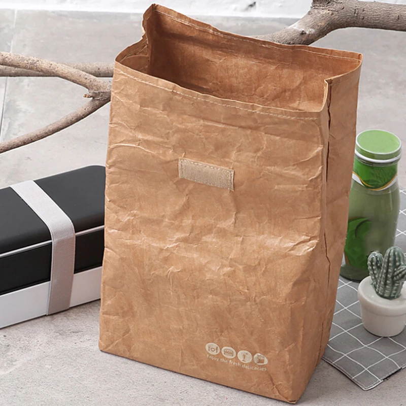 1PC Kraft Paper Brown Lunch Bag Reusable Durable Insulated Thermal Bag Magnetic Buckle Picnic Container Bag