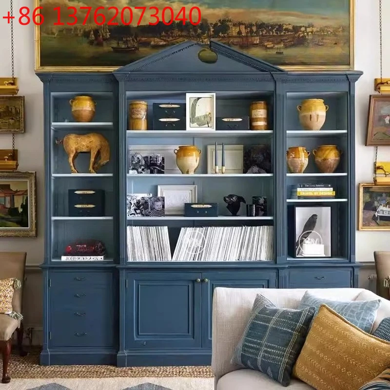 

Средневековый синий книжный шкаф в стиле ретро, витрина из цельного дерева, винный шкаф для хранения виллы
