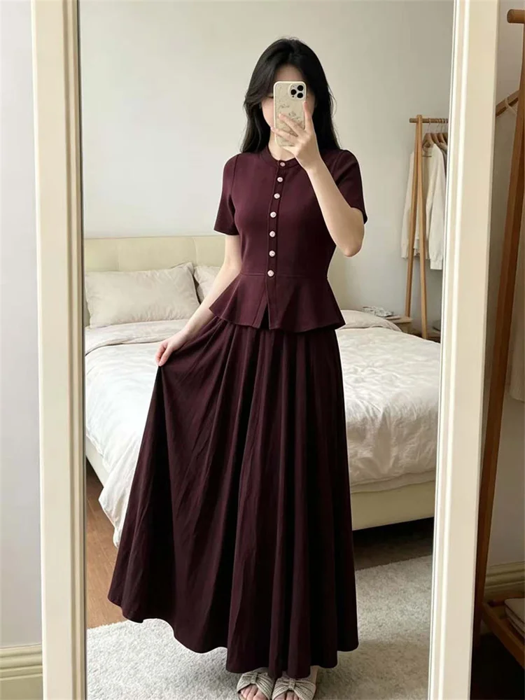 Waist-Cinching Women's Ruffles Trim Knitted Midi Dress Retro Fitted Fake Two-Piece Autumn New Female Solid Color Long Robe