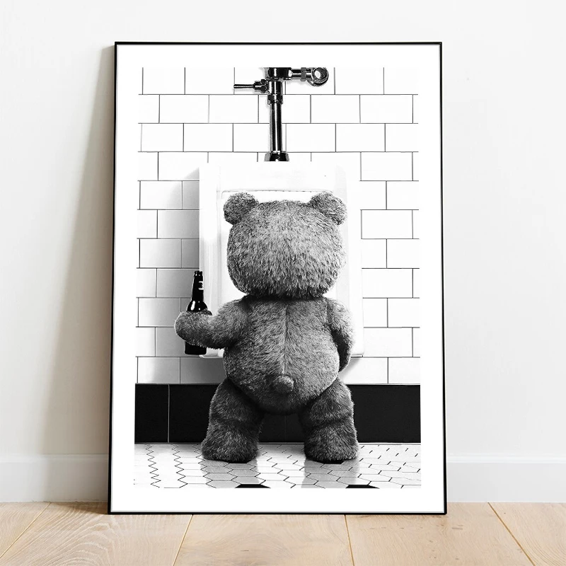 Póster de decoración de baño de oso bonito, pintura impresa en lienzo, cuadro de pared, arte moderno, decoración de baño para el hogar y la habitación, color blanco y negro