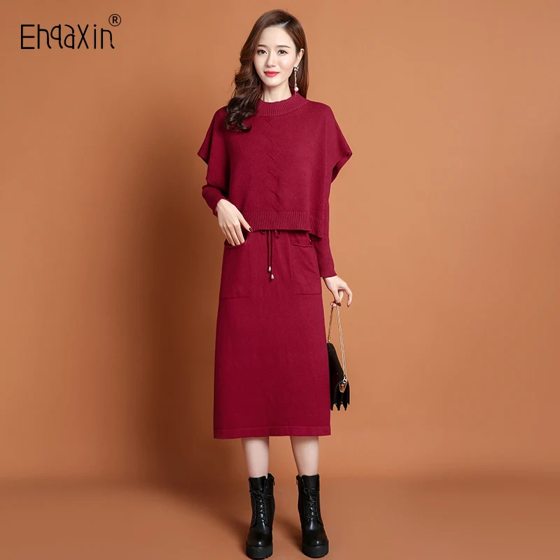 EHQAXIN 2023 Womens Knit Dress Set Autumn Winter Fashion Loose Pullover Vest+V-Neck Button Lace-Up Knit Sweater Dress Sets M-2XL