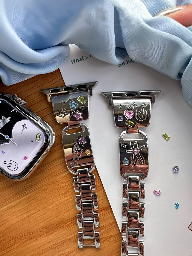Глянцевый металлический ремешок с милым котом для iWatch Ultra 10 9 8 7 42 45 мм 46 мм 49 мм Ремешок с бриллиантовым браслетом для Apple Watch 38 мм 41 мм 6 5 SE 4