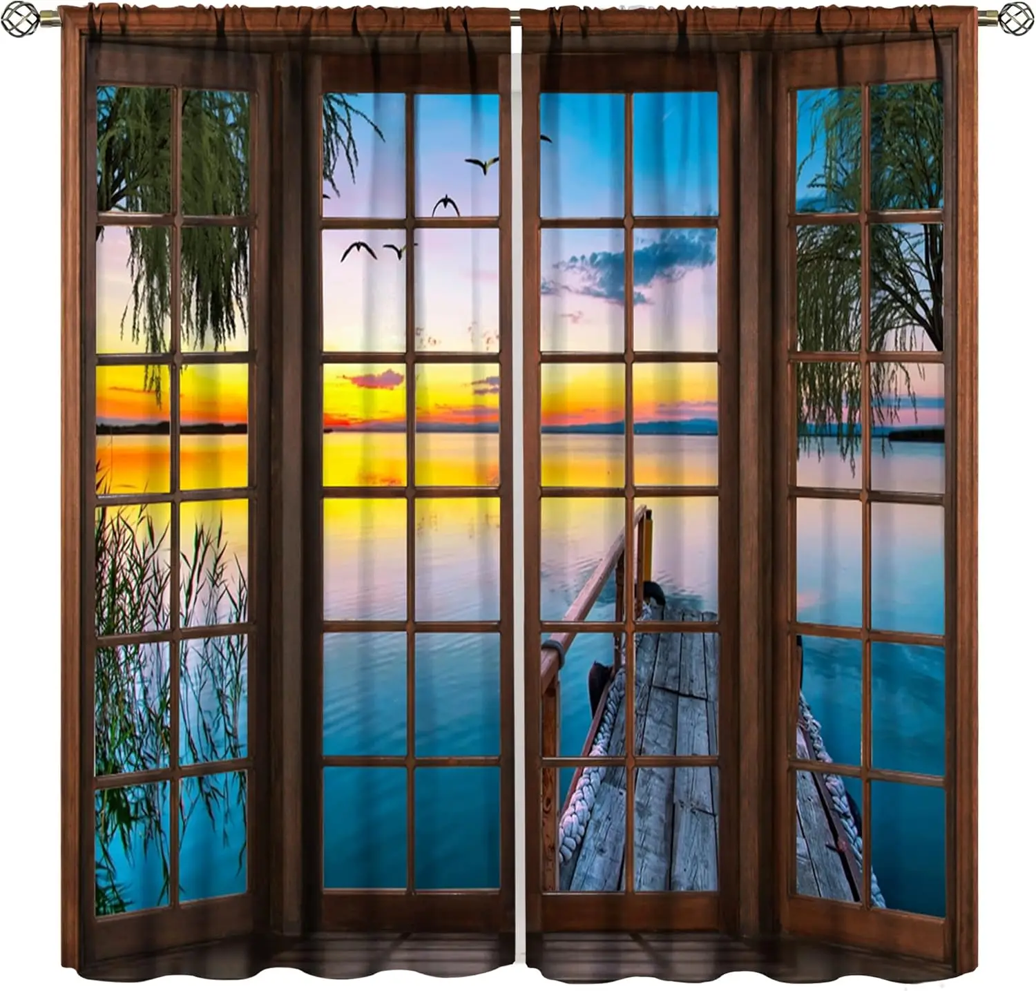Scenic Sunset Seascape Curtain Pair Waterlake View Window Drapes Watercolor Nature Pattern Curtains 2pcs Home Decor