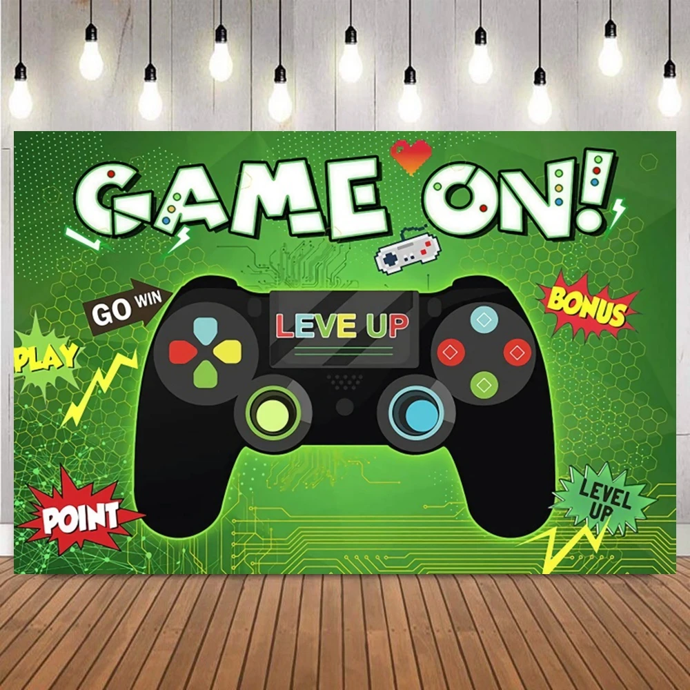Video Games Backdrop Gamepad Gaming Controller Game On Level Up Gamer Game Night Kids Boys Birthday Party Photography Background