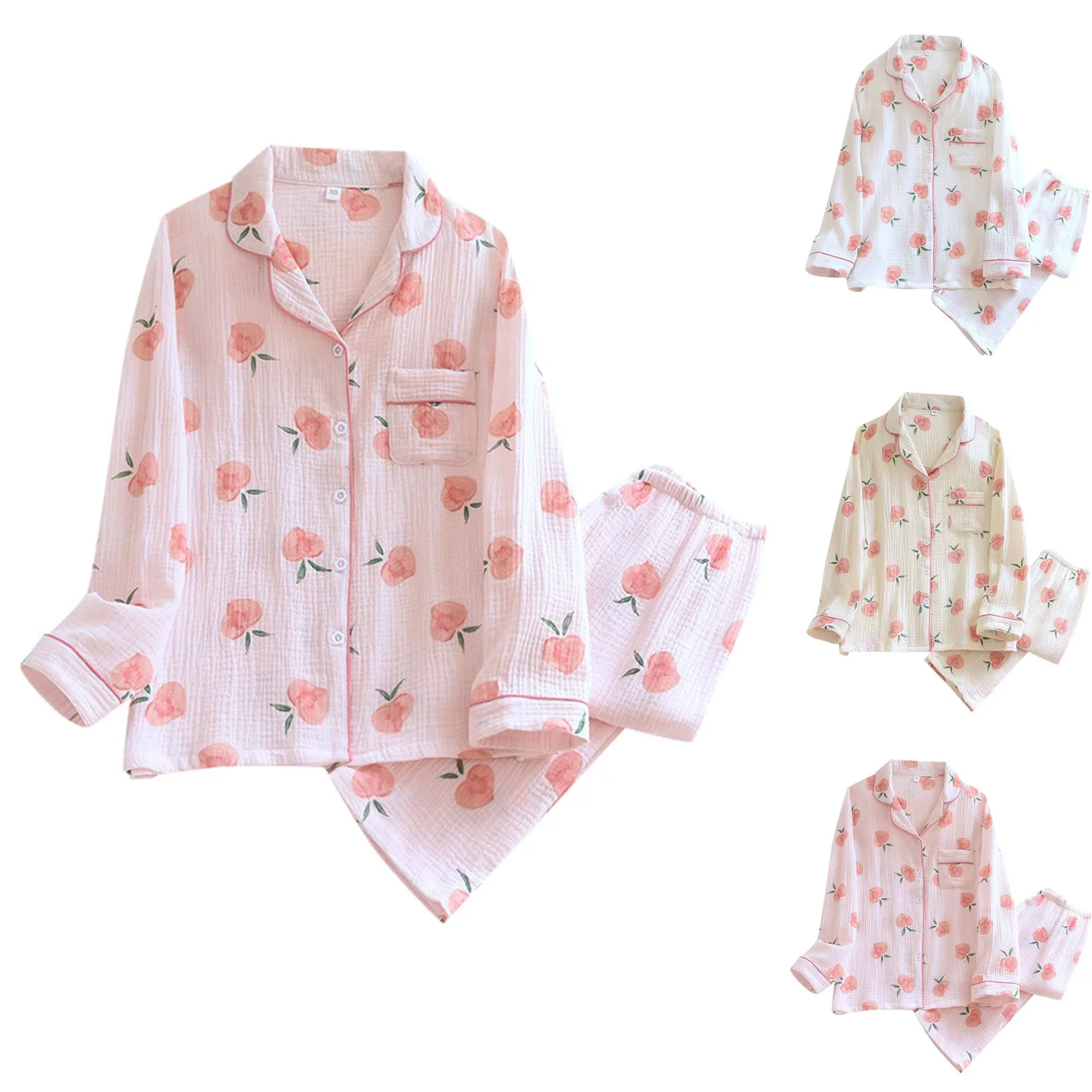 Women Spring Autumn And Summer Thin Pajamas Cute Pink Peach Print Cardigan Wear Set Fleece Pajamas Women Set