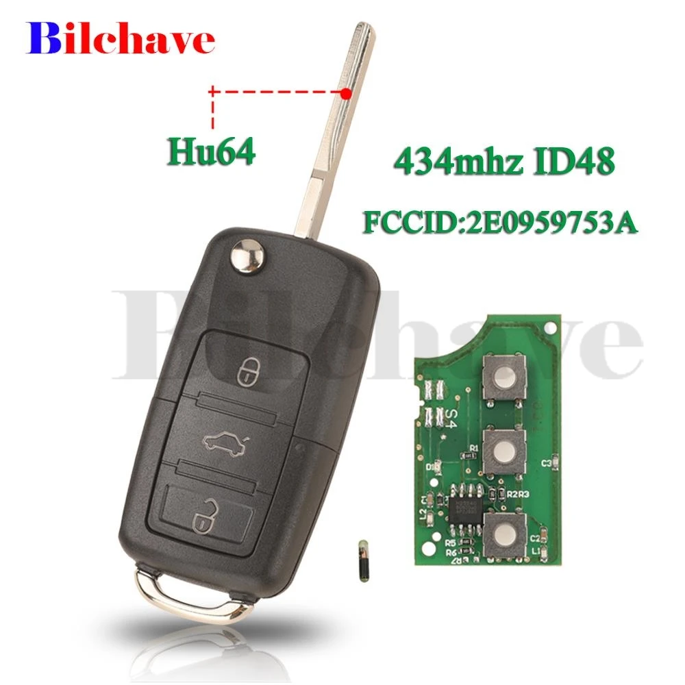 jingyuqin FCCID:2E 0959753 A 434Mhz ID48 Chip dla VW/VOLKSWAGEN Crafter zdalny odwrócony klucz DIY 3 przyciski wymiana pilota