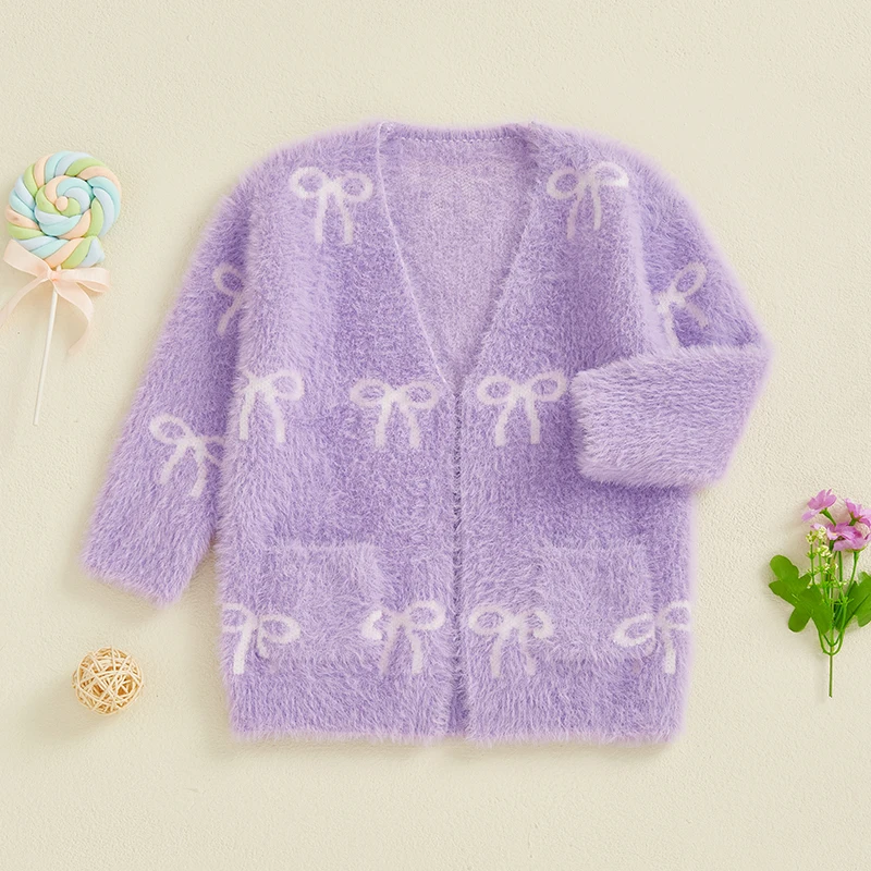 Baby Girls Cardigan Fuzzy Long Sleeve Open Front Bow Print Sweater Spring Fall Outwear