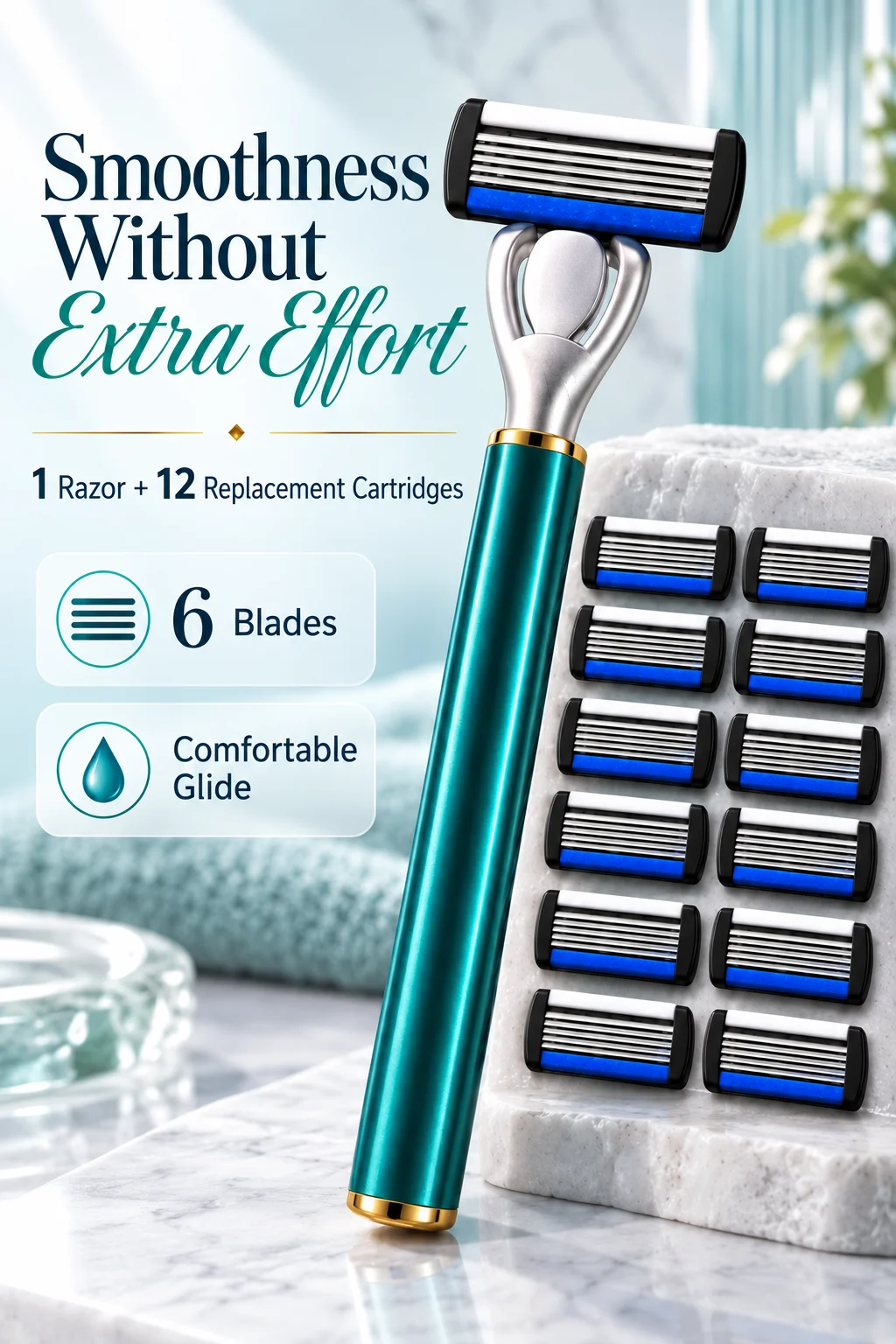 Men's 6-Blade Reusable Razor with 12 Replacement Cartridges Lubricating Strip Pivoting Head for Smooth Shave
